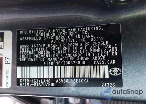 2013 Toyota Camry Xle z USA, uszkodzony, nr VIN 4T4BF1FK2DR323908